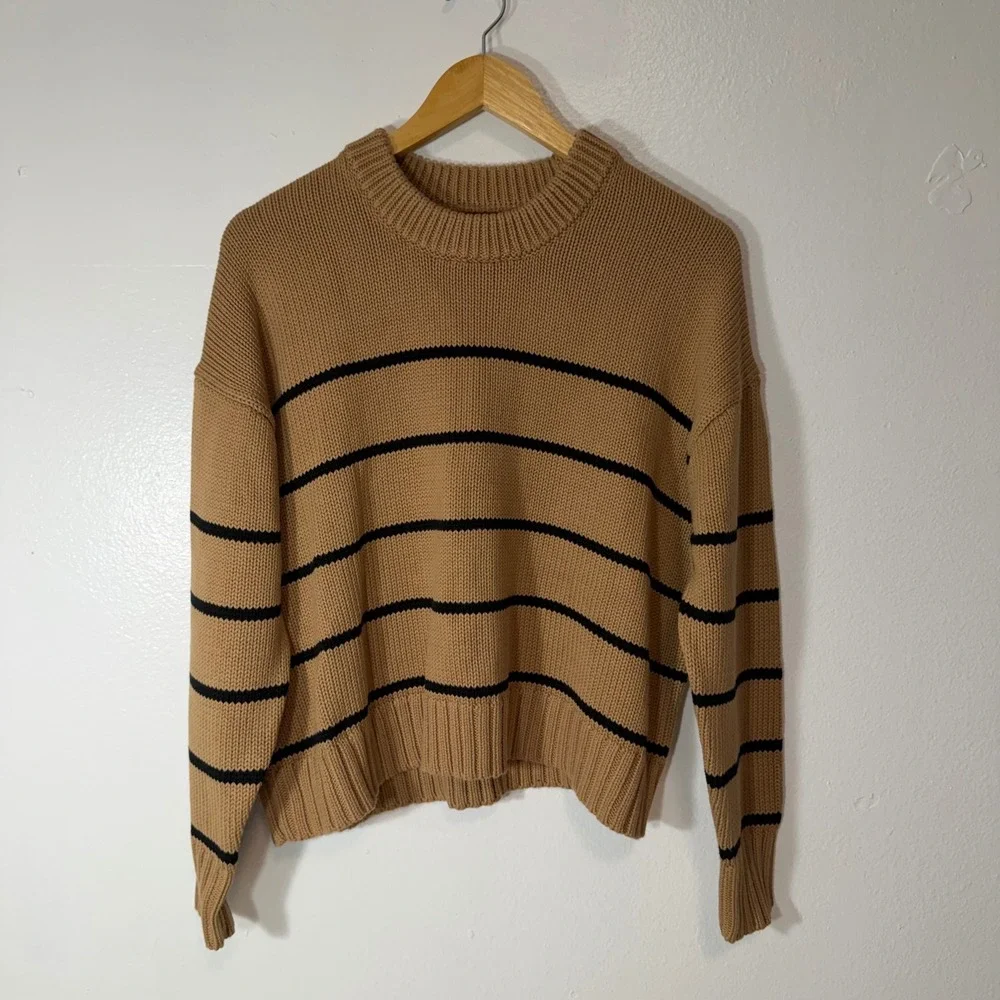Quince Organic Cotton Boyfriend Crew Sweater Striped Camel Black Mens Medium - Picture 2 of 6
